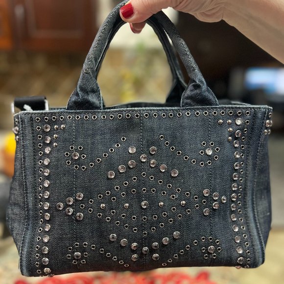 Prada Handbags - Prada Canapa Denim Studded Bag- COA Included